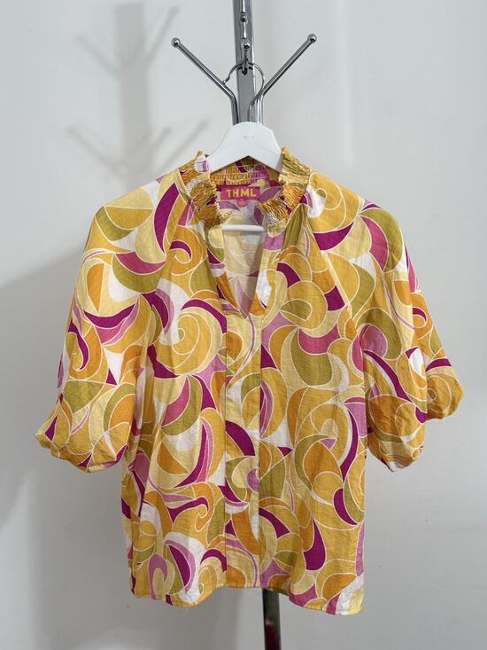 THML Tops - THML Women’s Yellow Pink Abstract Swirl Puff Sleeve V-Neck Blouse Top Size M